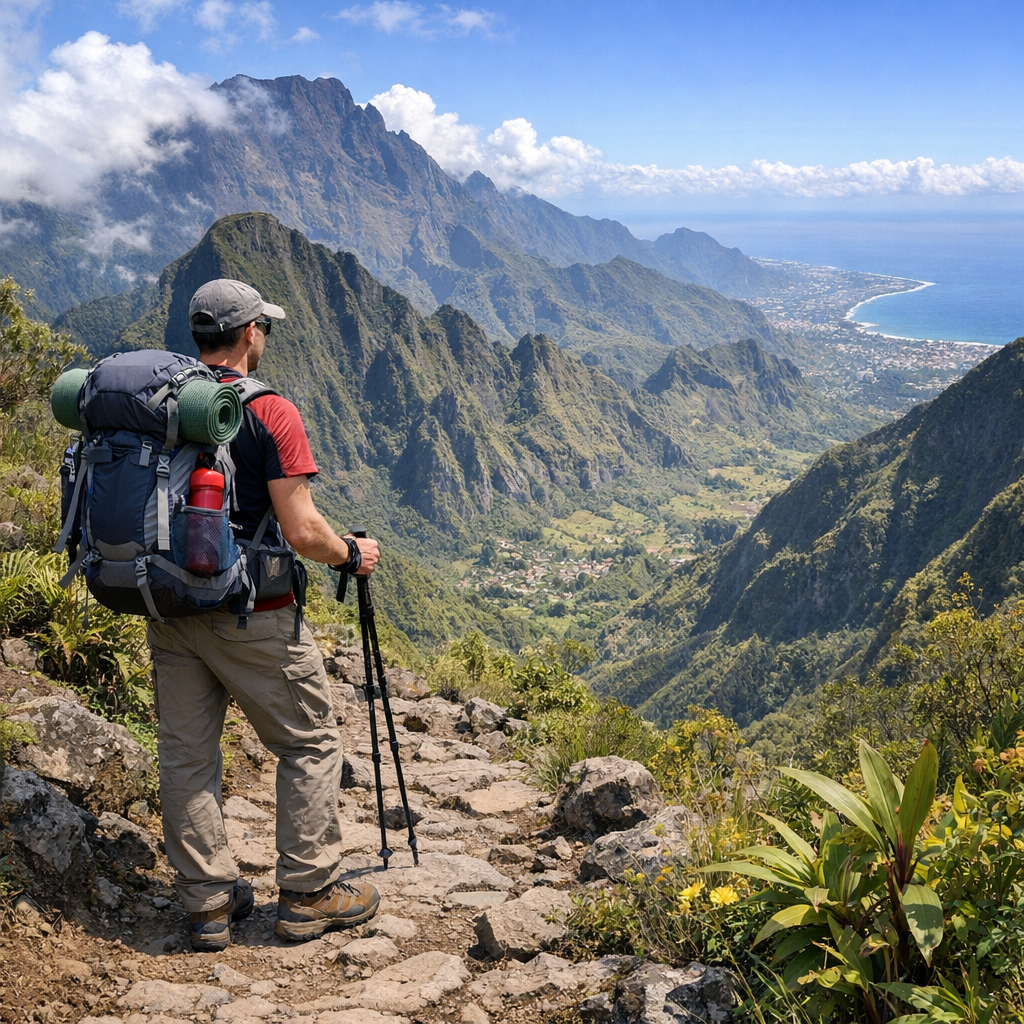 Randonneur équipé sur un sentier à La Réunion